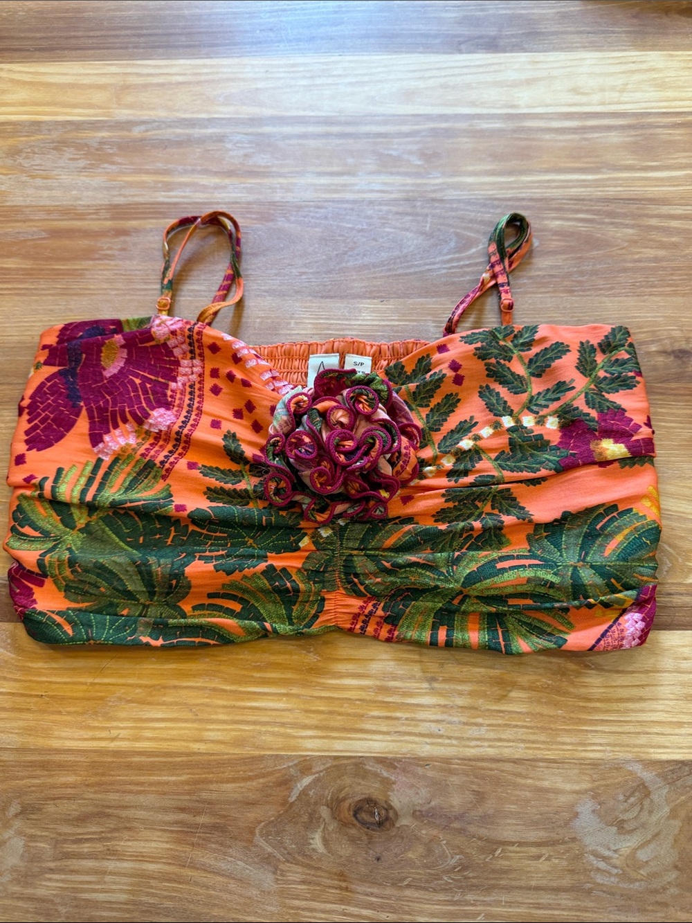 Joie Orange Smocked Bandeau Top with Floral Accent